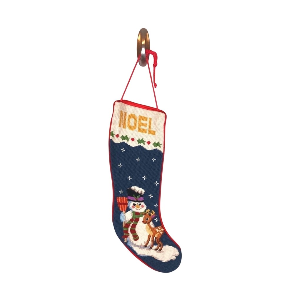 Vintage Christmas Cross Stitch Snowman Noel Stocking Red Velvet Back